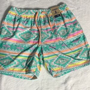 Chubbies Men's Geometric Patterned Shorts in Teal and Pink Lined, 7” Inseam